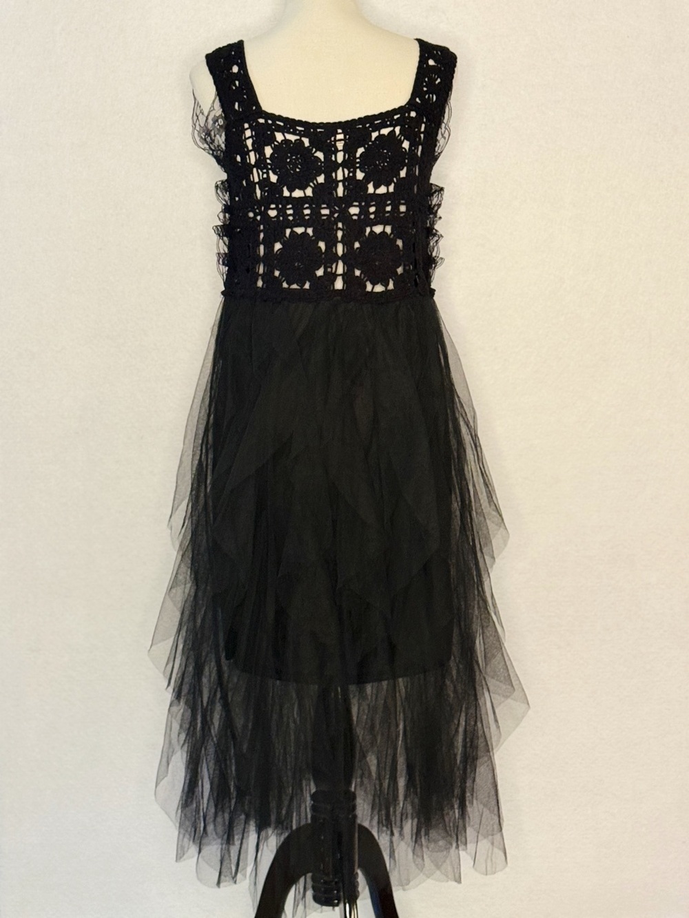 POL One Black Crochet Lace Tulle High Low Dress Boho Fairycore Romantic Gothic - Picture 8 of 12